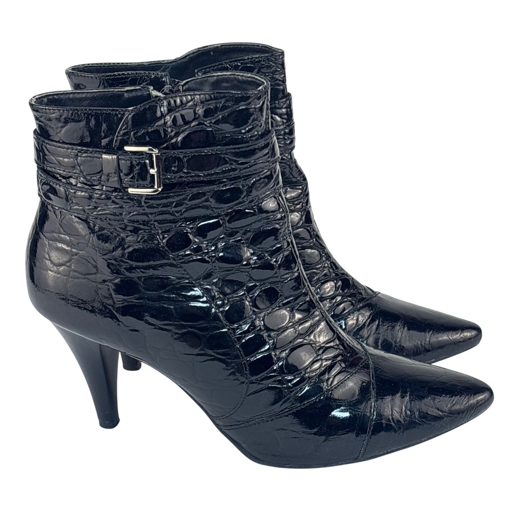 Antonio Melani Ankle Boots Black Croc Embossed Patent Leather Pointed Toe 7.5